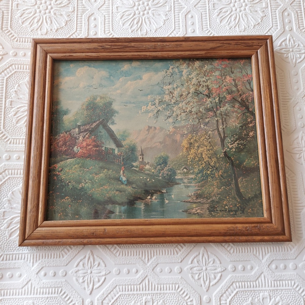 Vintage Framed Pastoral Landscape Art Print Cottage Stream Mountains 11.5x9.75